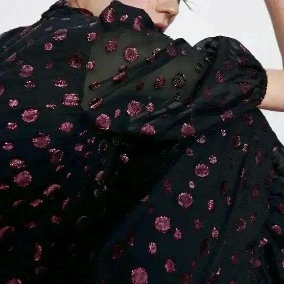 NWT ZARA Pink Polka Dot Voluminous Black Midi Dress Women’s M - Picture 6 of 13